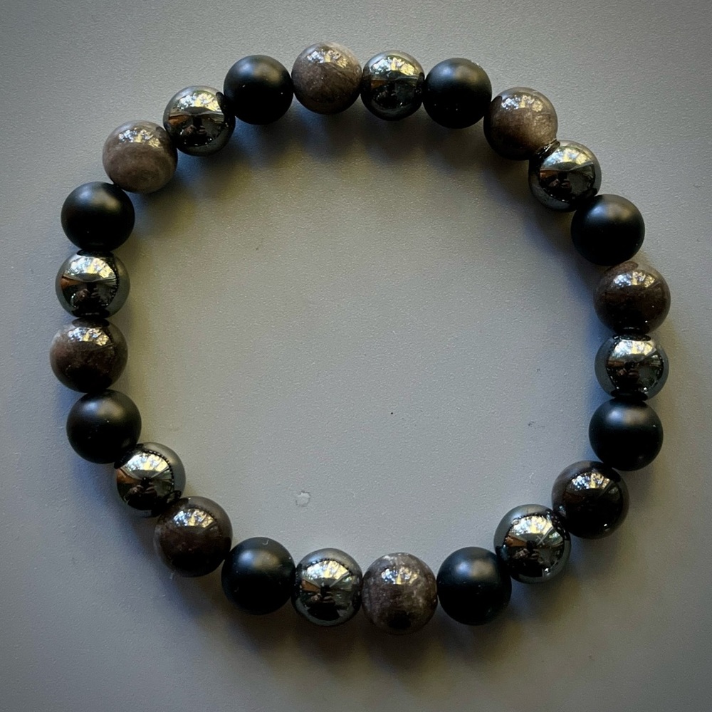 Matte Onyx, Silver Obsidian and Black Hematite Handcrafted Bead Bracelet - Picture 3 of 4